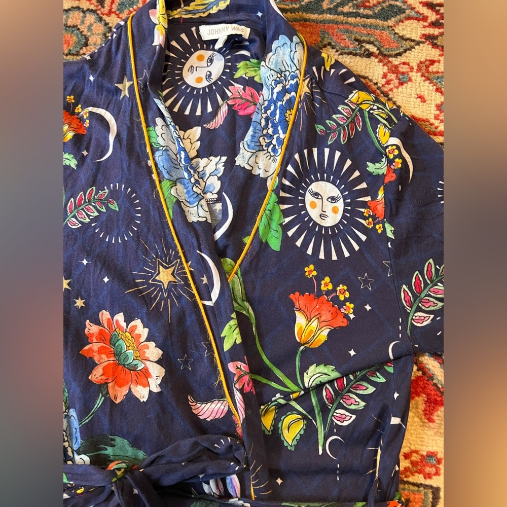Johnny Was Purple Floral & Celestial Satin Robe - Picture 6 of 12